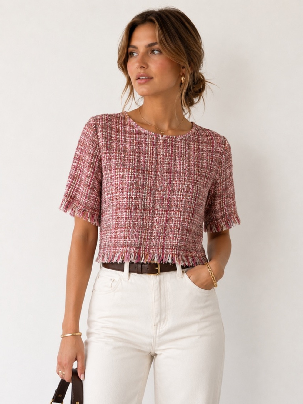 Zara Textured Tweed Fringe Top – Size Large